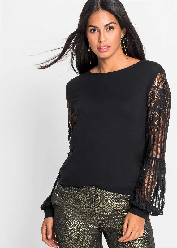 Super Savings Lace Long Sleeve Top - Black