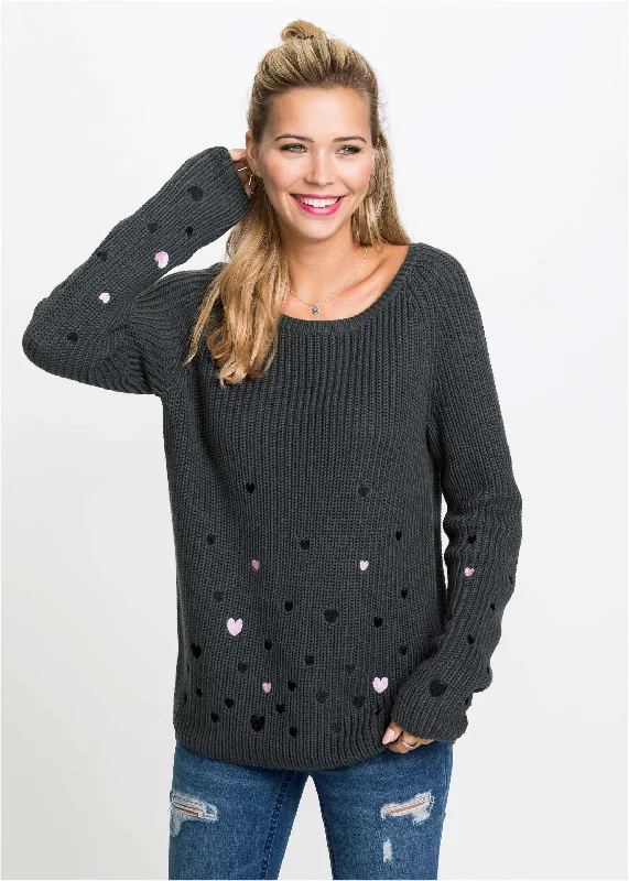 Get It Before It’s Gone Heart Embroidered Sweater - Dark Grey