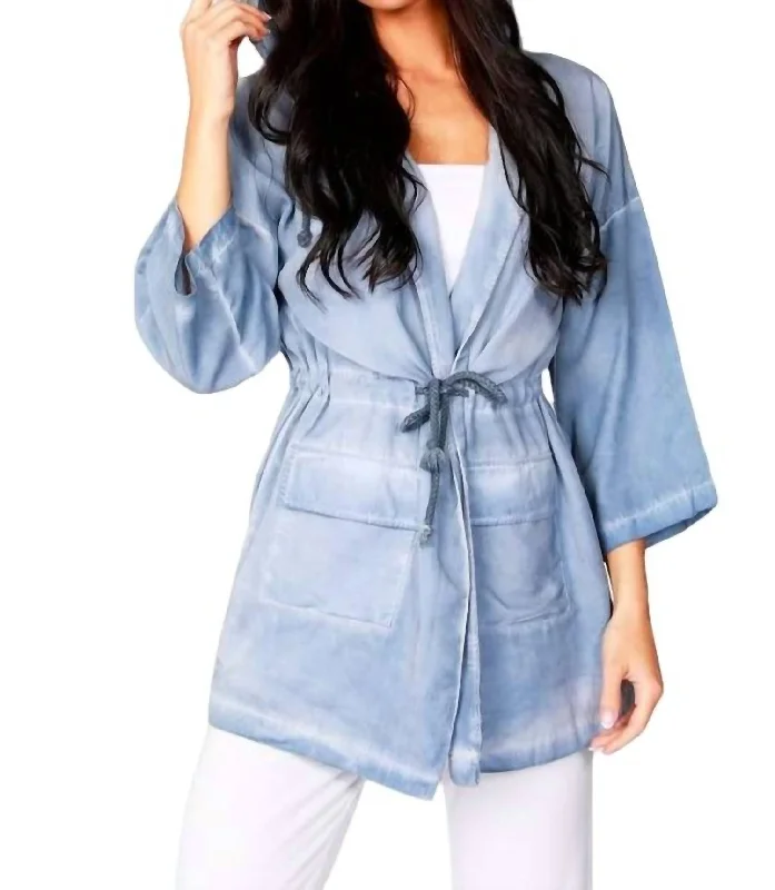 Markdown Madness Jennifer Hooded Long Trench Coat In Denim
