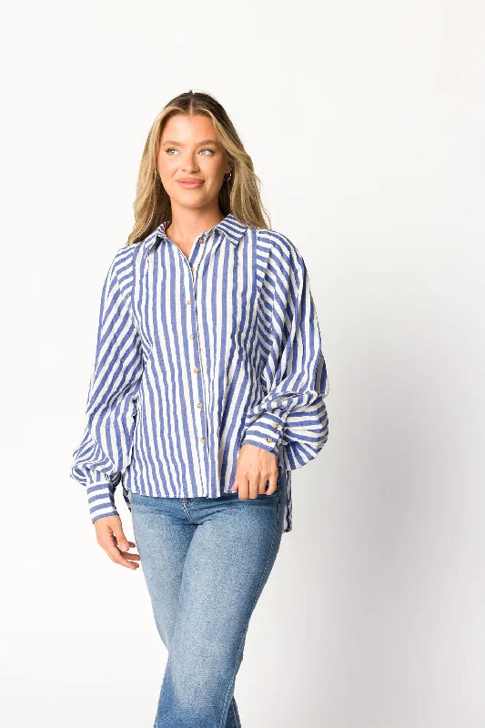 Limited Time Discount Joaquin Linen Blend Shirt in Blue/White Stripe - Nursing Friendly