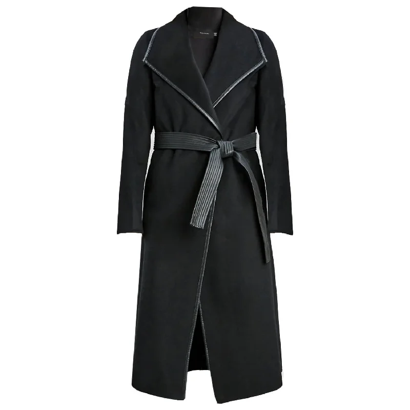 YEAR-End Clearance Juliette Double Face Faux Leather Trim Belted  Wool Coat Black in Black