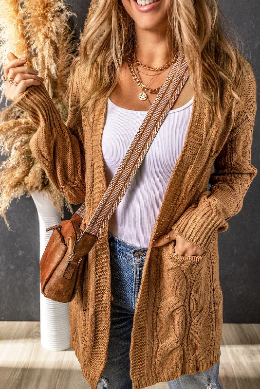 Buy Now Khaki Ribbed Trim Eyelet Cable Knit Cardigan