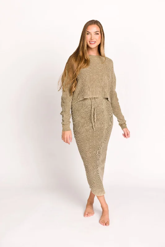 Referral Discount Lindsey Knit Sweater Top and Skirt Set in Olive