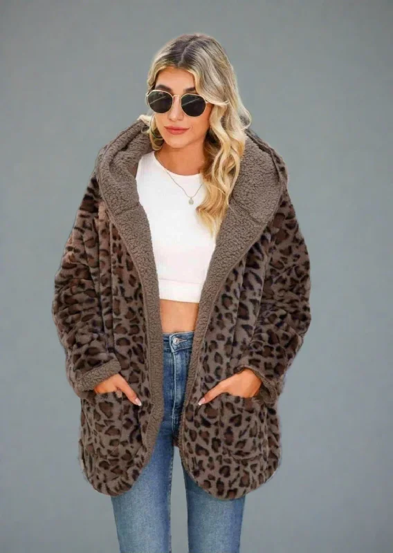 Leopard Hooded Coat with Pockets