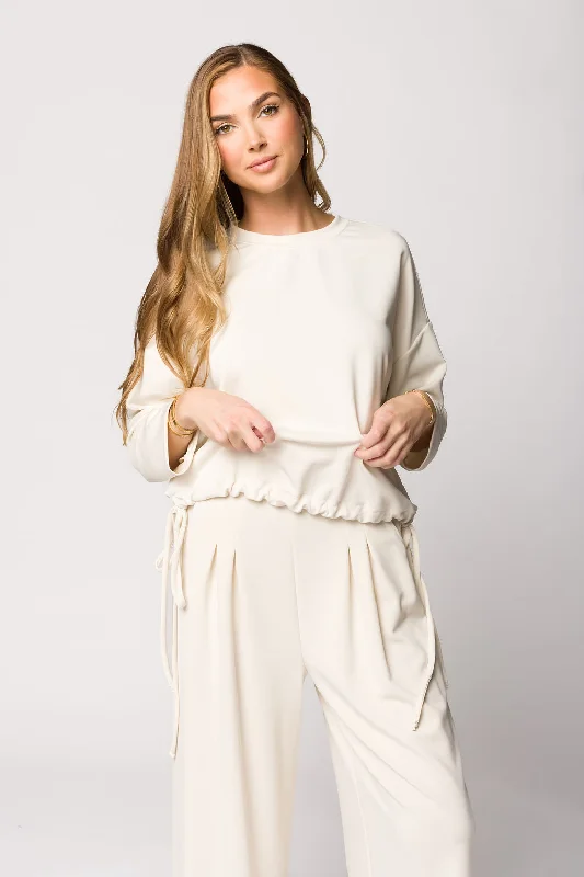 Inventory Reduction Marilyn Long Sleeve Tie Top and Pleated Sweatpants Set in Ivory
