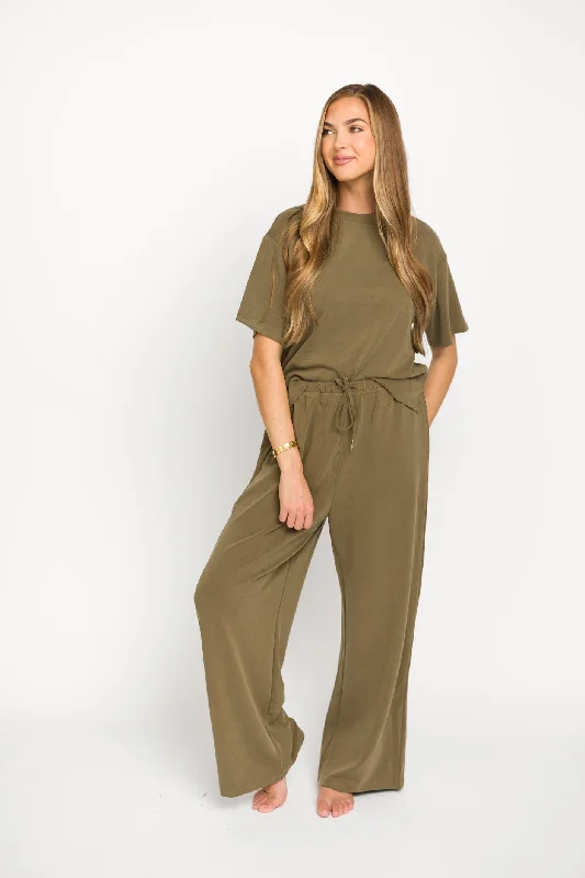 New Deals Macy Loose Fit T-Shirt and Wide Leg Pant Set in Sage