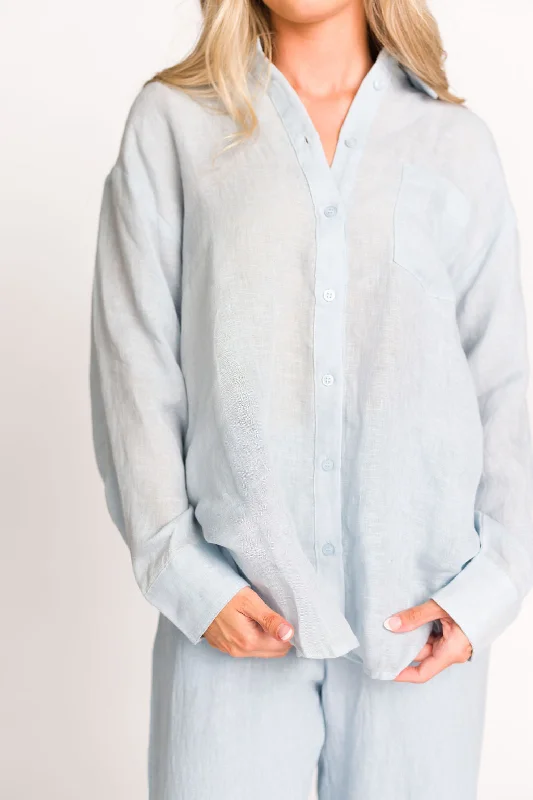 Savings Event Madeline 100% Linen Button Down in Light Blue
