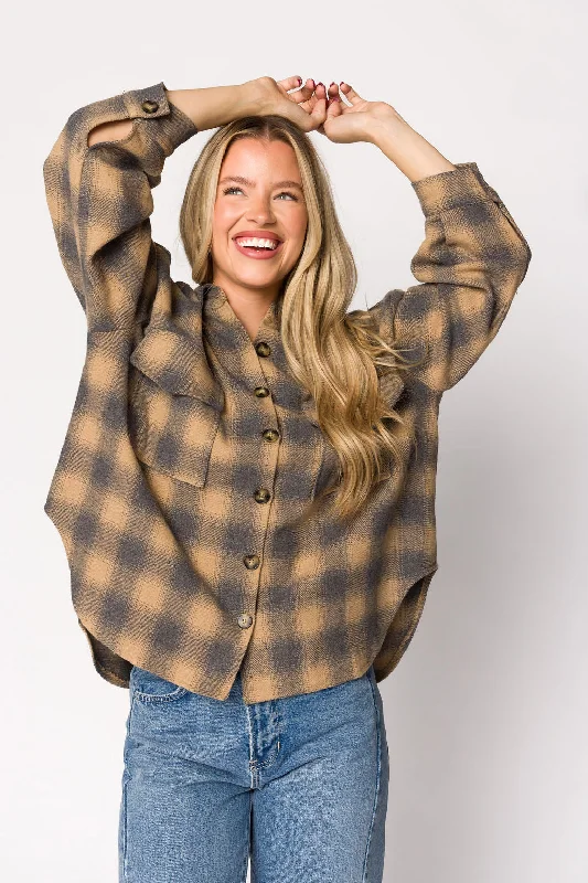 Fantastic Offers Lanie Plaid Shacket in Taupe/Grey