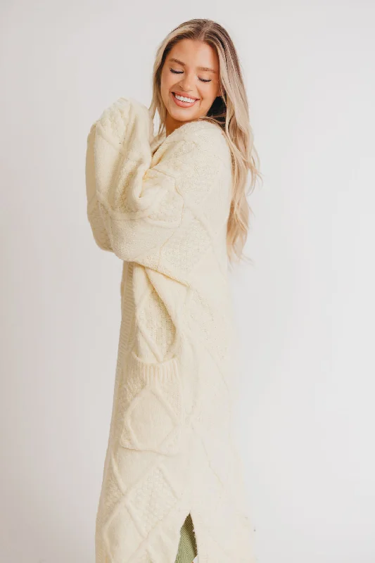 Bargain Prices Liza Open Front Diamond Pattern Knit Cardigan in Vanilla Cream
