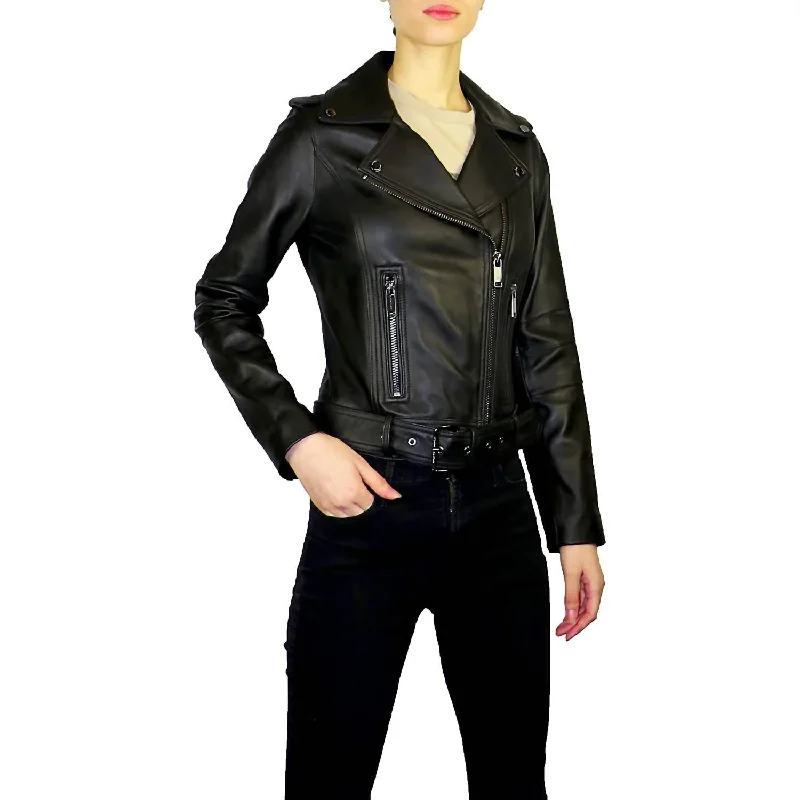 Weekend Deal Outerwear Asymmetrical Zip Belted Short Leather Jacket in Black