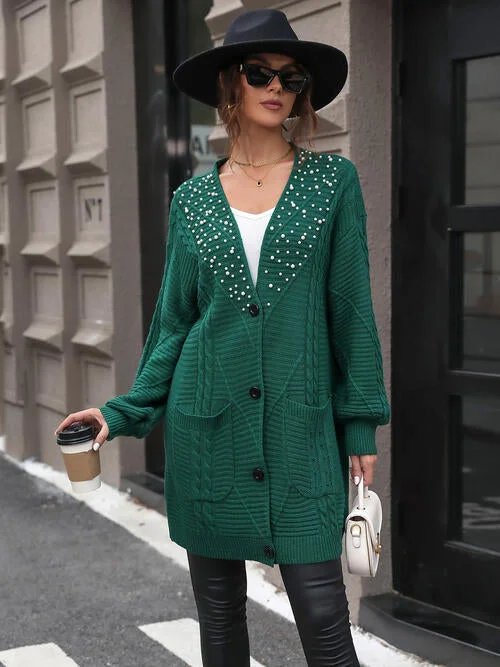Clearance Items Pearl Detail Cable-Knit Button Up Cardigan