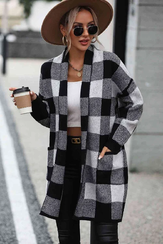 Take Advantage Plaid Dropped Shoulder Cardigan with Pocket