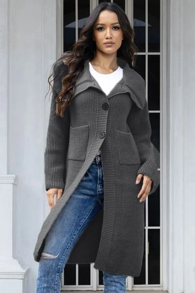 Price Drop Alert Pocketed Button Up Collared Neck Cardigan