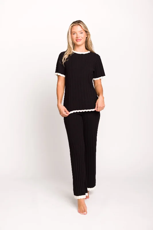 Value Deals Adele Ribbed Knit Top and Pants Set in Black