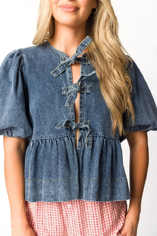 Factory Direct Sale Norah Tied Top in Medium Wash Denim