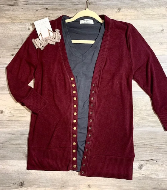Exclusive Offers Maroon Snap Button 3/4 Sleeve Cardigan Sweater