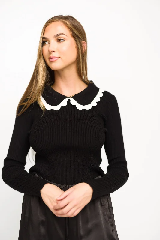 Discount Days Frankie Scalloped Collar Sweater in Black
