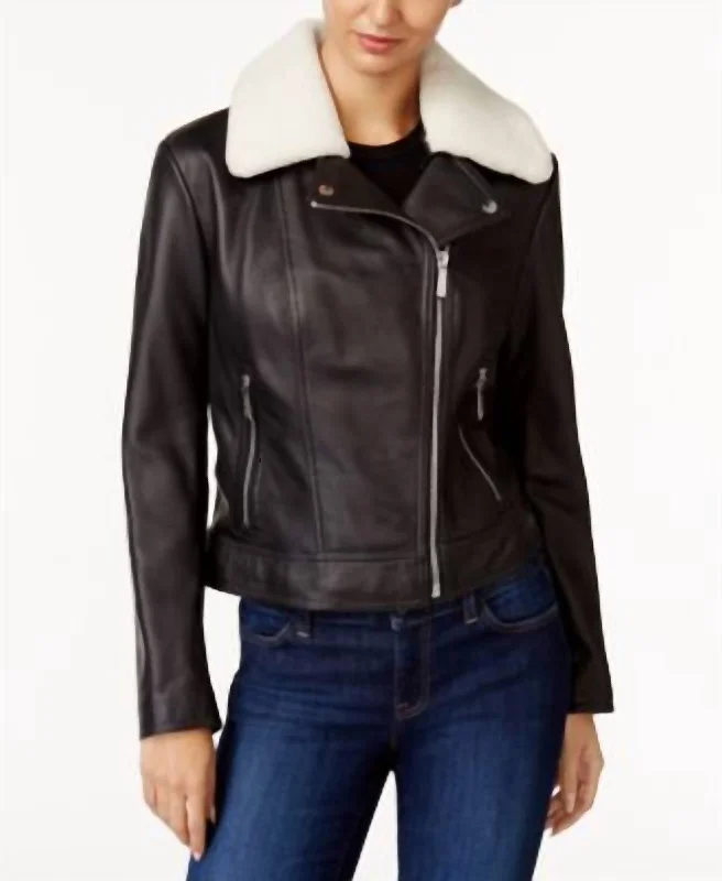 Best Deals Shearling Collar Leather Jacket in Black