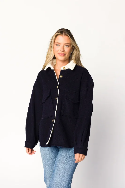 Closeout Sale Whitney Shearling Collared Shacket in Indigo Blue