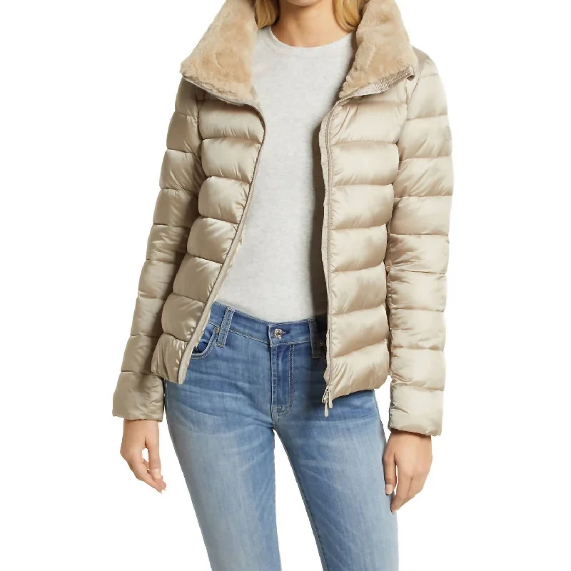 Savings Bonanza Short Basic With Faux Fur Shell Coat Jacket Quilted in Beige