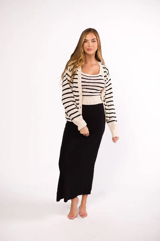 Price Smash Stella Stripe Top and Cardigan Set in Natural Black
