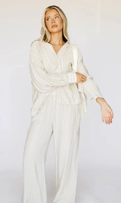 Best Deals Sloane Striped Button-Down Shirt and Pants Set in Natural - Nursing Friendly