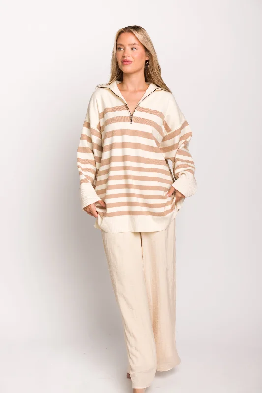 Special Price Posey Knit Mini Sweater Tunic with Collared 1/2 Zip in Cream/Sand