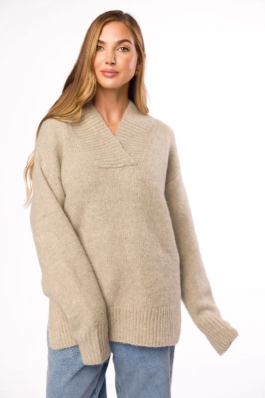 Price Rollback Jordan V-Neck Slouchy Soft Knit Sweater in Oatmeal