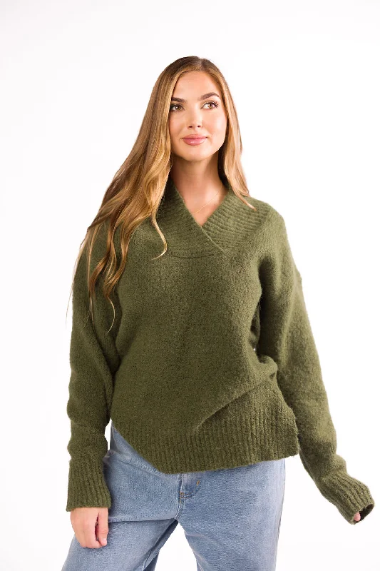 Deal Explosion Jordan V-Neck Slouchy Soft Knit Sweater in Olive