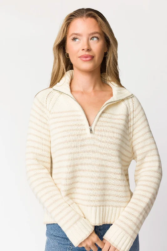 Huge Discounts Laurel Quarter Zip Striped Pullover in Cream/Taupe