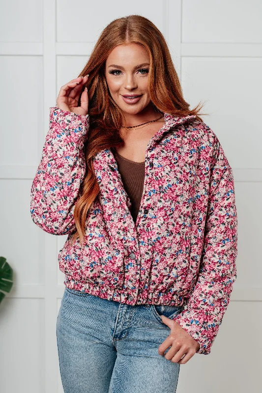 Special Price Wish Me Well Floral Printed Puffer Jacket in Cream Multi