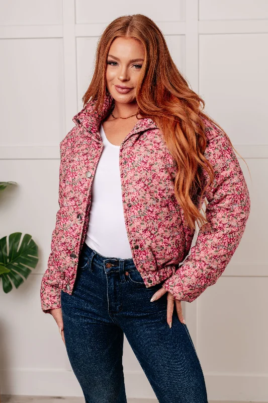 Savings Galore Wish Me Well Floral Printed Puffer Jacket in Rose Multi