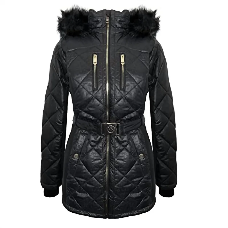 Unmissable Offer Women'S Scuba Stretch Belted Faux Fur Hood Quilted Coat in Black