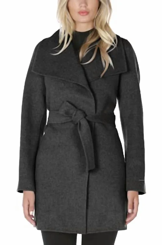 Super Deal Wool Wrap Coat With Tie Belt in Deep Charcoal