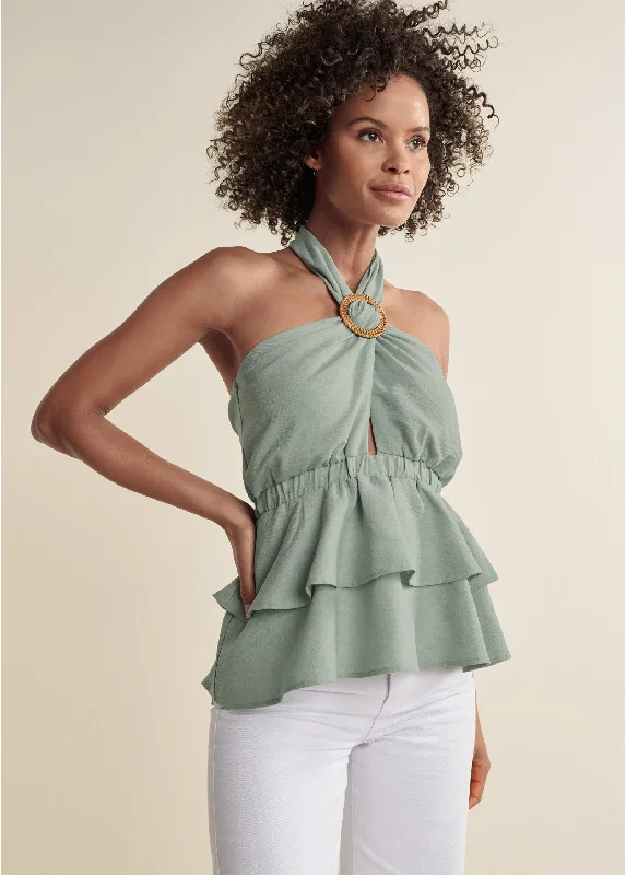 Ring Trim Tiered Halter Top - Light Green