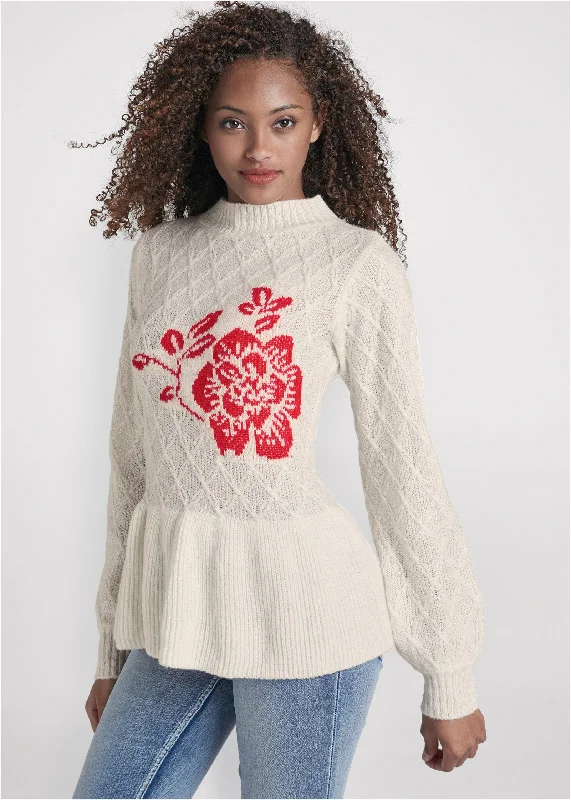 New Deals Rose Detail Peplum Sweater - Off White & Red