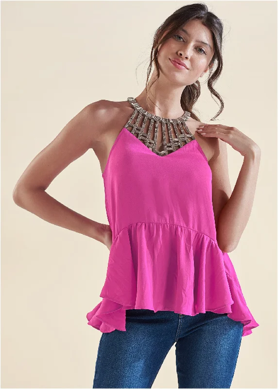 Embellished Neckline Top - Fuchsia