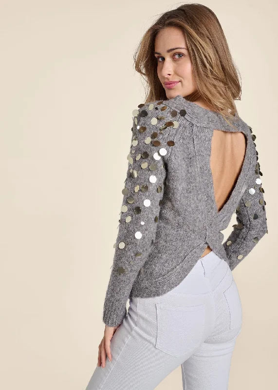 Super Bargain Open Back Sequin Sleeve Sweater - Grey