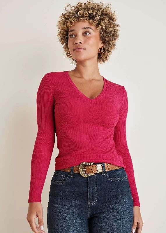 Ribbed Long Sleeve V-Neck - Barberry