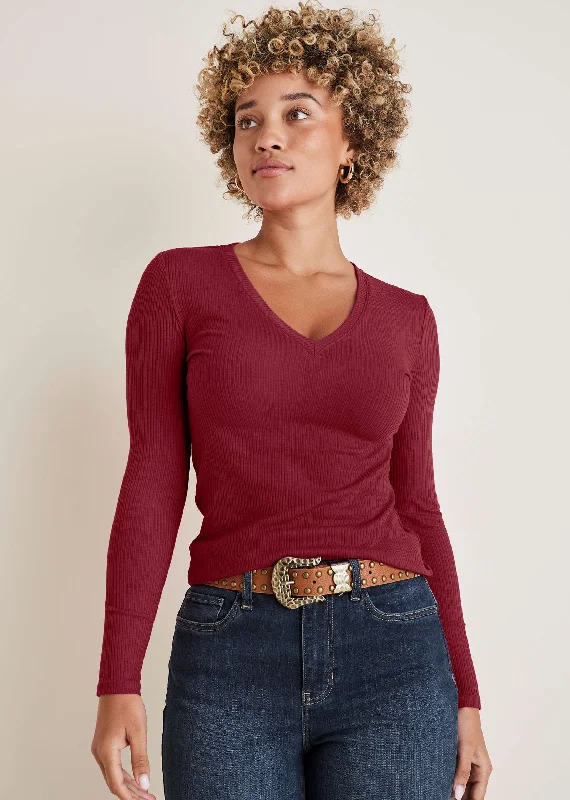 Deep Discounts Ribbed Long Sleeve V-Neck - Wine