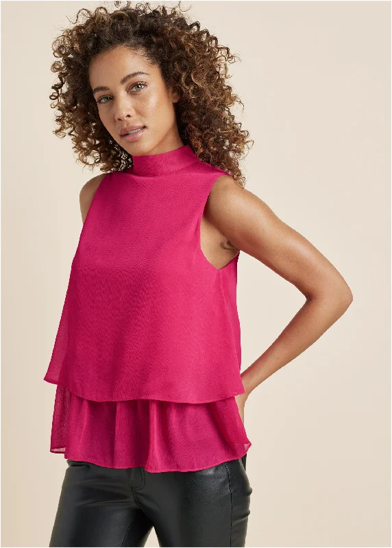 One-DAY Sale Mock Neck Tiered Top - Fuchsia