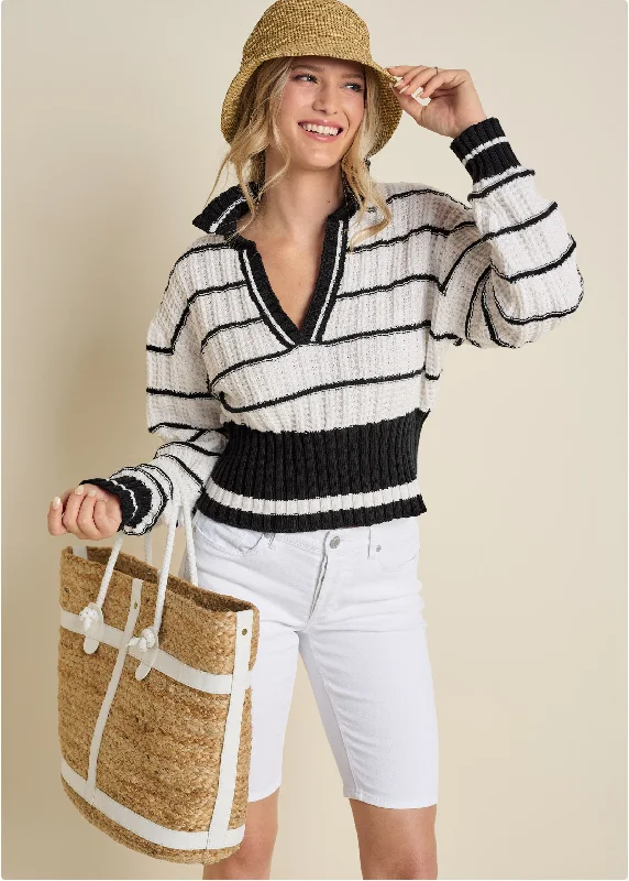 Incredible Offers Collared V-Neck Sweater - Blue Multi