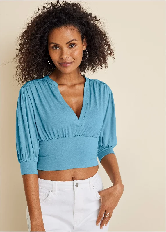 The Best Prices V-Neck Puff Sleeve Top - Blue
