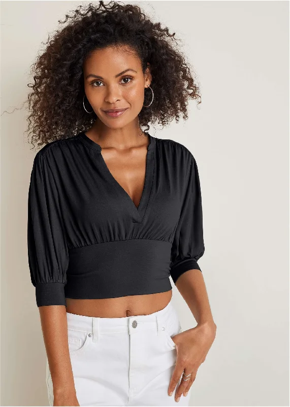 Deal Zone V-Neck Puff Sleeve Top - Black