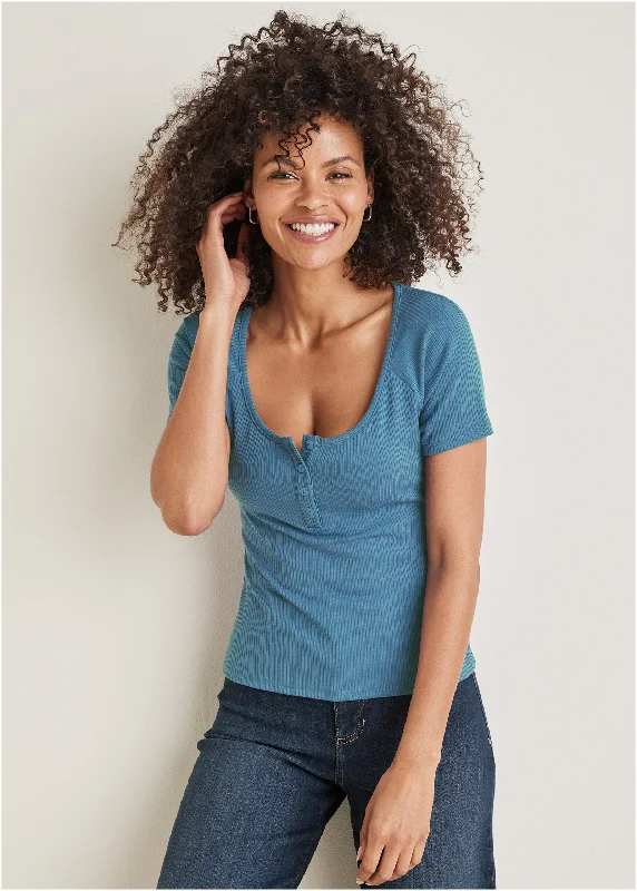Weekend Special Henley Short Sleeve Top  - Niagara