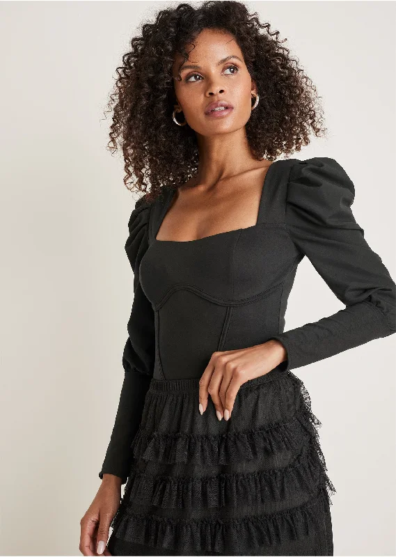 Super Bargain Puff Sleeve Bodysuit - Black
