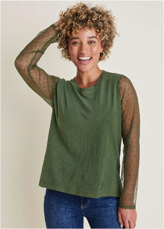 Don't Miss Mesh Sleeve Top - Bronze Green