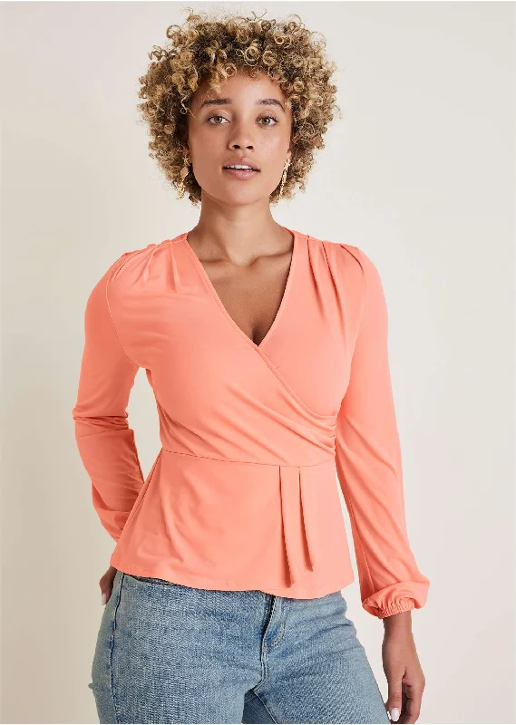 Crazy Deals Faux Wrap Peplum Blouse - Burnt Coral