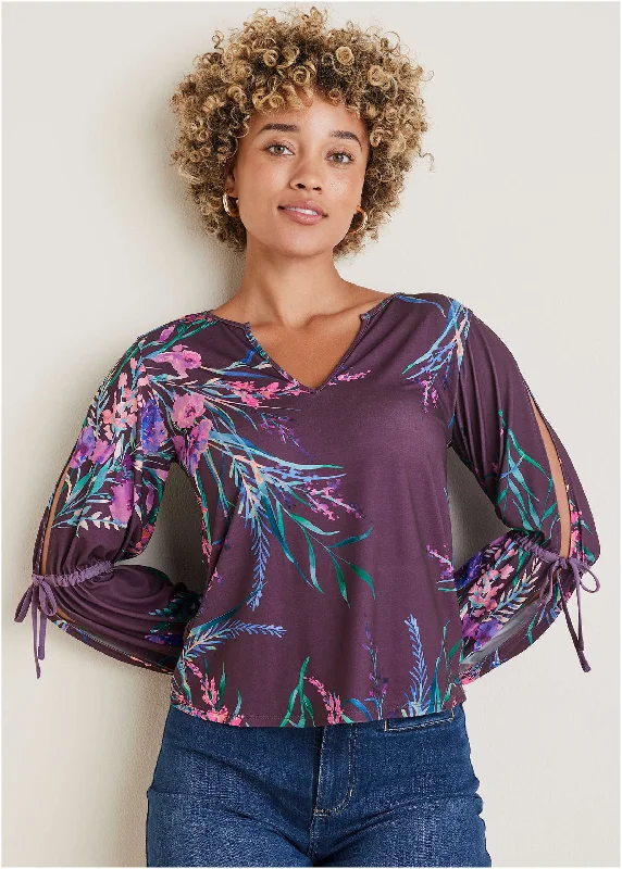Limited Edition Tie Sleeve Blouse - Regal Wildflowers