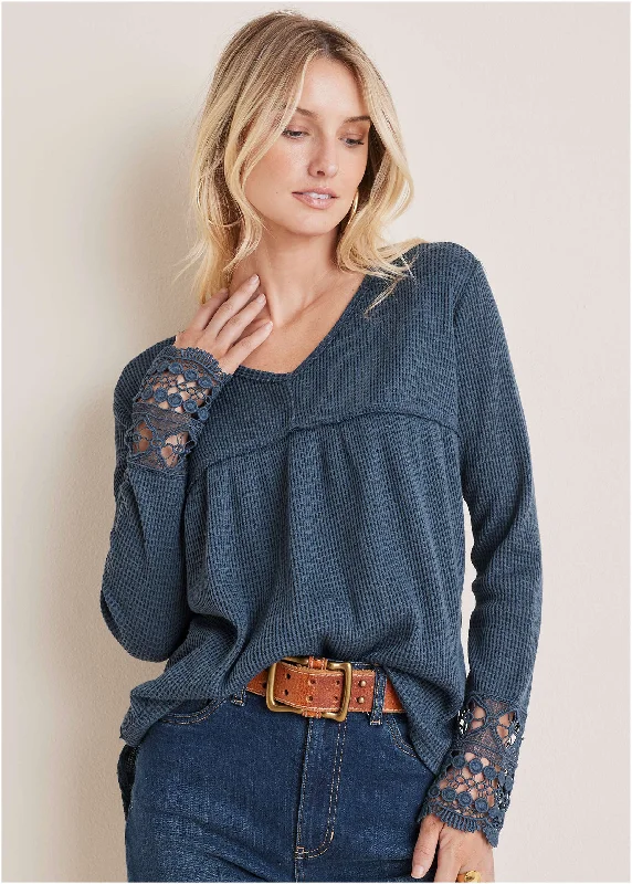 Weekend Deal Waffle Babydoll Top - Vintage Indigo